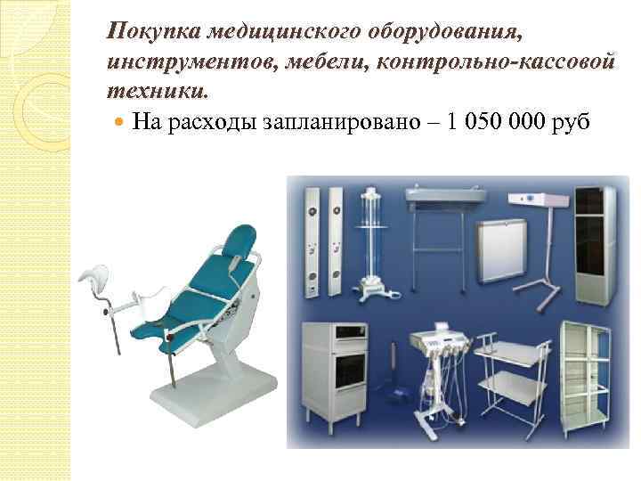Покупка медицинского оборудования, инструментов, мебели, контрольно-кассовой техники. На расходы запланировано – 1 050 000