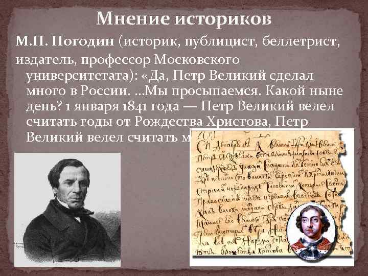 Мнение историков М. П. Погодин (историк, публицист, беллетрист, издатель, профессор Московского университетата): «Да, Петр