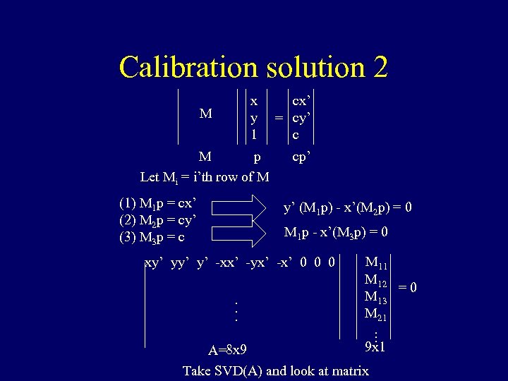Calibration solution 2 x y 1 M M p Let Mi = i’th row