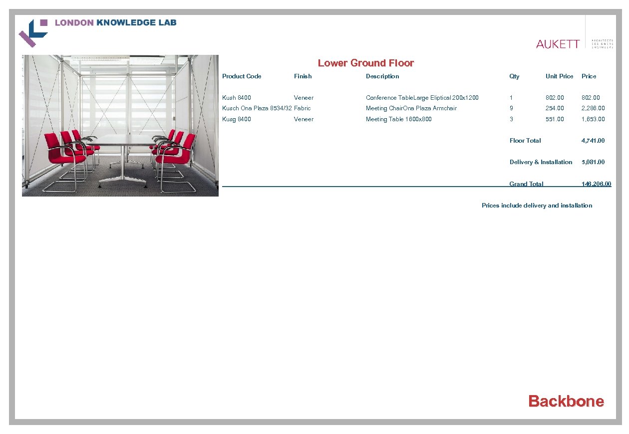 Lower Ground Floor Product Code Finish Description Qty Unit Price Kush 8400 Veneer Conference