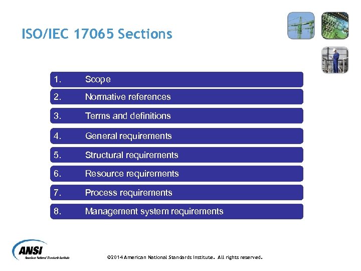 ISO/IEC 17065 Sections 1. Scope 2. Normative references 3. Terms and definitions 4. General