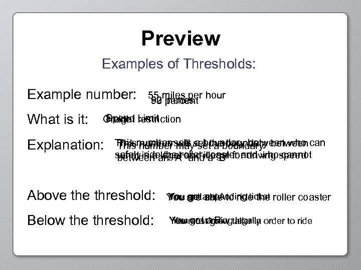 Preview Examples of Thresholds: Example number: What is it: 55 miles per hour 52