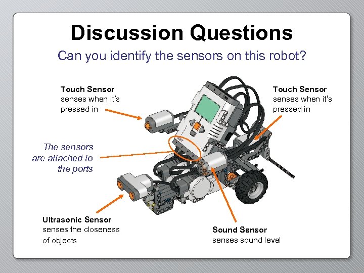 Discussion Questions Can you identify the sensors on this robot? Touch Sensor senses when