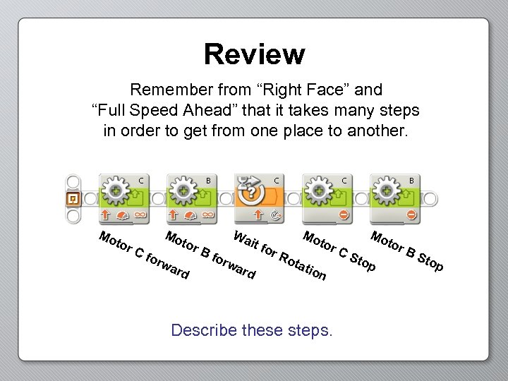 Review Remember from “Right Face” and “Full Speed Ahead” that it takes many steps