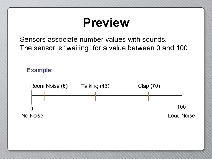 Preview Sensors associate number values with sounds. The sensor is “waiting” for a value