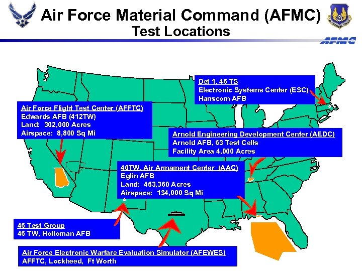 Air Force Material Command (AFMC) Test Locations Det 1, 46 TS Electronic Systems Center