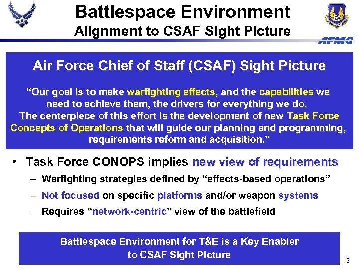 Battlespace Environment Alignment to CSAF Sight Picture Air Force Chief of Staff (CSAF) Sight