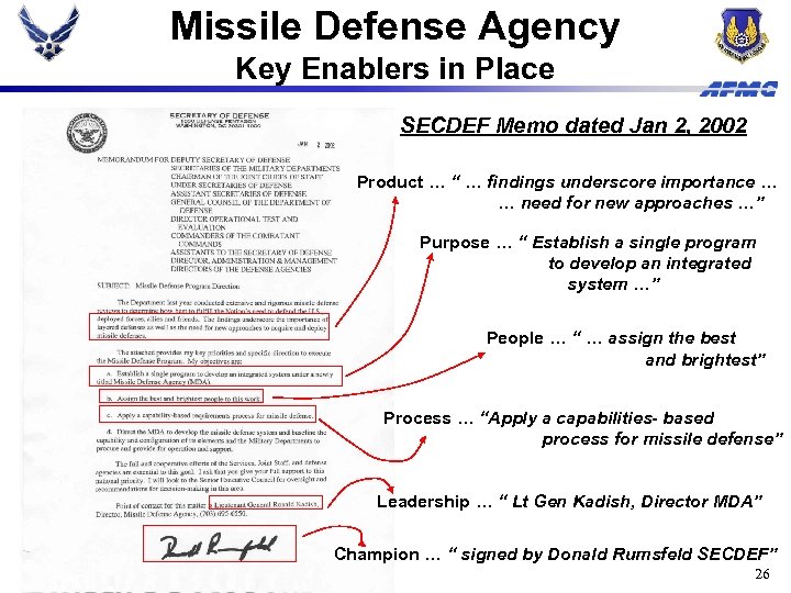 Missile Defense Agency Key Enablers in Place SECDEF Memo dated Jan 2, 2002 Product