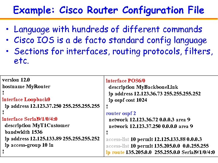 Example: Cisco Router Configuration File • Language with hundreds of different commands • Cisco