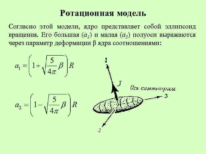 Ротационная модель Согласно этой модели, ядро представляет собой эллипсоид вращения. Его большая (a 1)