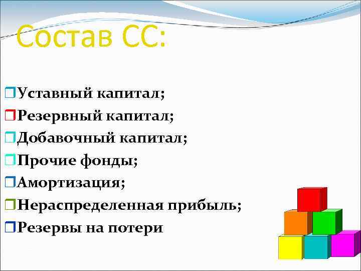 Состав СС: r. Уставный капитал; r. Резервный капитал; r. Добавочный капитал; r. Прочие фонды;