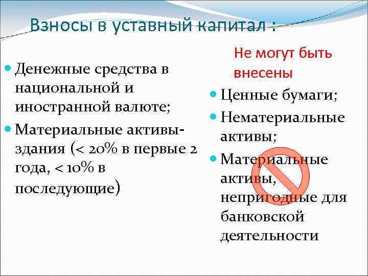 Взносы в уставный капитал : Не могут быть Денежные средства в внесены национальной и
