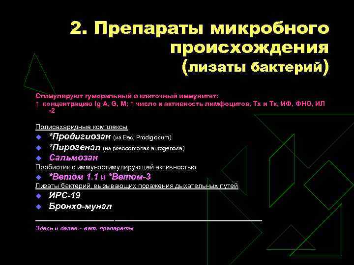 2. Препараты микробного происхождения (лизаты бактерий) Стимулируют гуморальный и клеточный иммунитет: ↑ концентрацию Ig