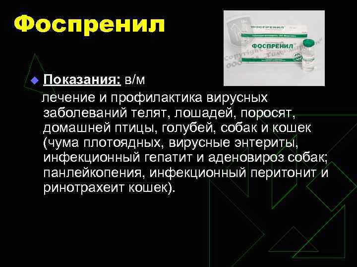 Фоспренил Показания: в/м лечение и профилактика вирусных заболеваний телят, лошадей, поросят, домашней птицы, голубей,