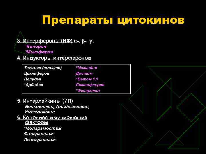 Препараты цитокинов 3. Интерфероны (ИФ) α-, β-, γ. *Кинорон *Миксферон 4. Индукторы интерферонов Тилорон