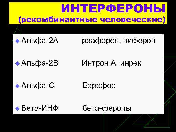 ИНТЕРФЕРОНЫ (рекомбинантные человеческие) u Альфа-2 А реаферон, виферон u Альфа-2 В Интрон А, инрек