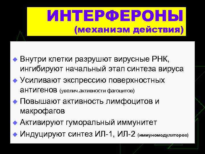 ИНТЕРФЕРОНЫ (механизм действия) Внутри клетки разрушют вирусные РНК, ингибируют начальный этап синтеза вируса u