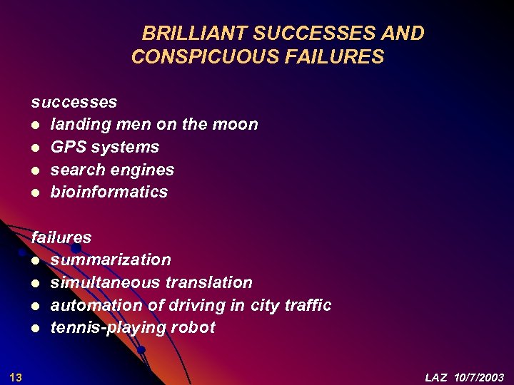 BRILLIANT SUCCESSES AND CONSPICUOUS FAILURES successes l landing men on the moon l GPS