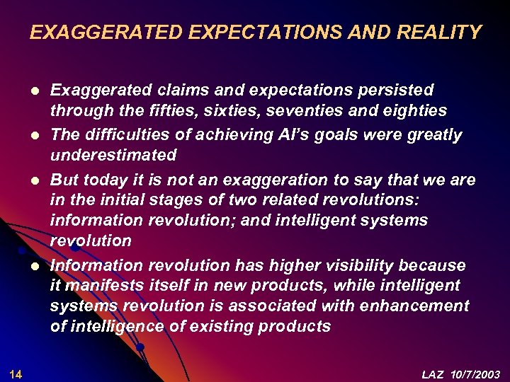 EXAGGERATED EXPECTATIONS AND REALITY l l 14 Exaggerated claims and expectations persisted through the