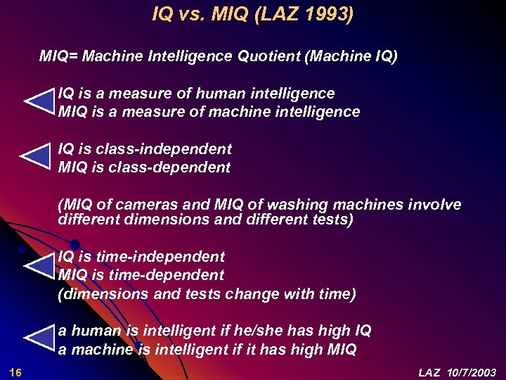 IQ vs. MIQ (LAZ 1993) MIQ= Machine Intelligence Quotient (Machine IQ) IQ is a