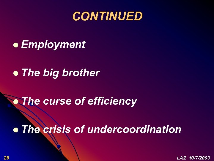 CONTINUED l Employment l The curse of efficiency l The 28 big brother crisis