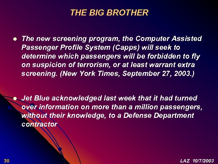 THE BIG BROTHER l l 30 The new screening program, the Computer Assisted Passenger