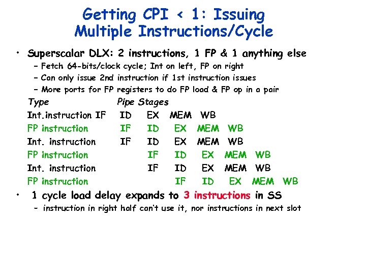 Getting CPI < 1: Issuing Multiple Instructions/Cycle • Superscalar DLX: 2 instructions, 1 FP