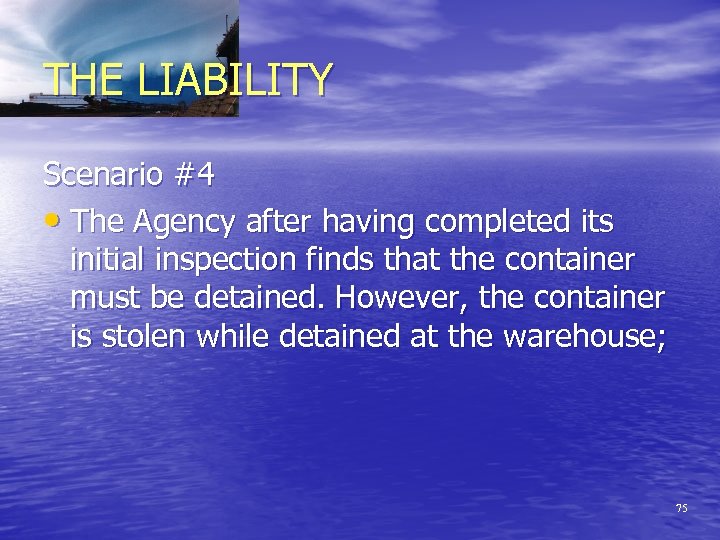 THE LIABILITY Scenario #4 • The Agency after having completed its initial inspection finds
