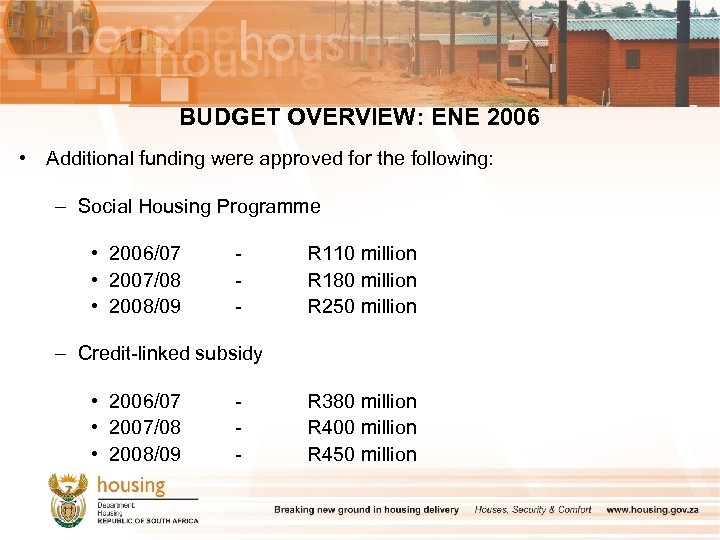 BUDGET OVERVIEW: ENE 2006 • Additional funding were approved for the following: – Social
