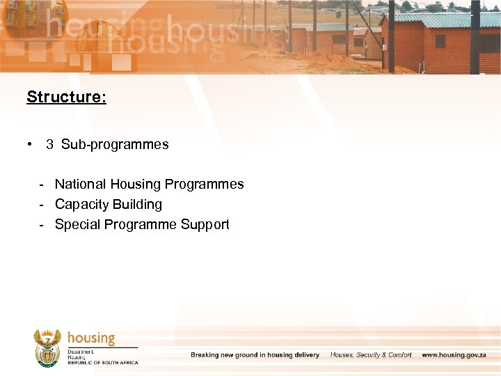 Structure: • 3 Sub-programmes - National Housing Programmes - Capacity Building - Special Programme