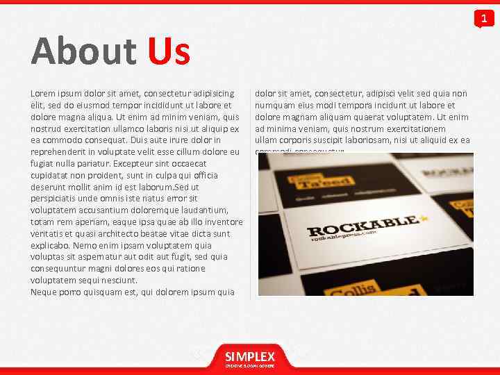 1 About Us Lorem ipsum dolor sit amet, consectetur adipisicing elit, sed do eiusmod