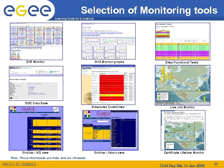 Selection of Monitoring tools Enabling Grids for E-scienc. E GIIS Monitor graphs Sites Functional