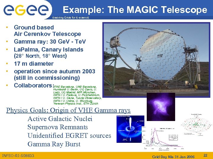 Example: The MAGIC Telescope Enabling Grids for E-scienc. E • Ground based Air Cerenkov