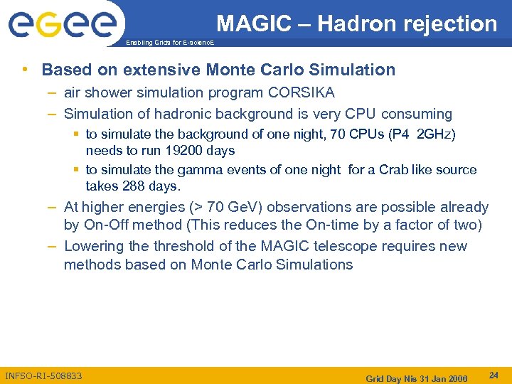 MAGIC – Hadron rejection Enabling Grids for E-scienc. E • Based on extensive Monte