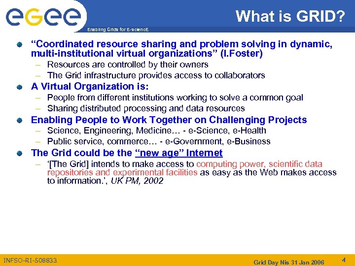 What is GRID? Enabling Grids for E-scienc. E “Coordinated resource sharing and problem solving