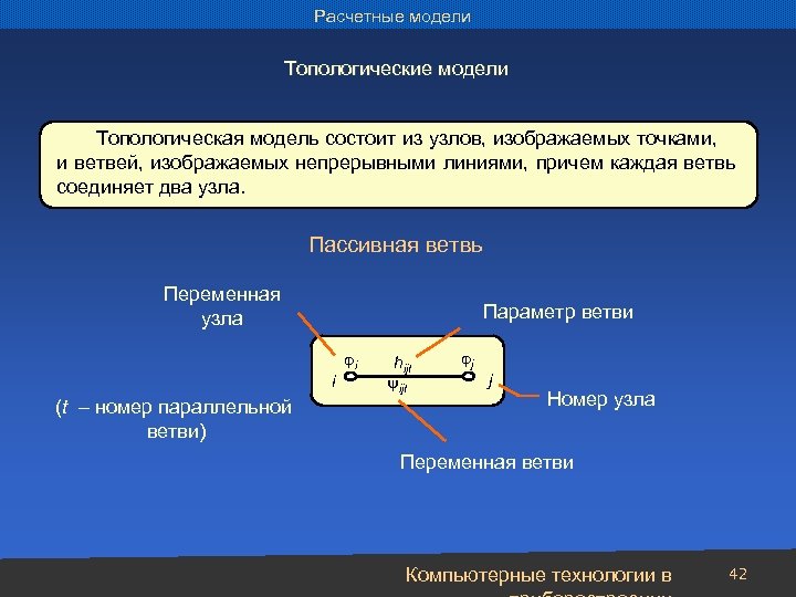 Расчетные модели Топологические модели Топологическая модель состоит из узлов, изображаемых точками, и ветвей, изображаемых