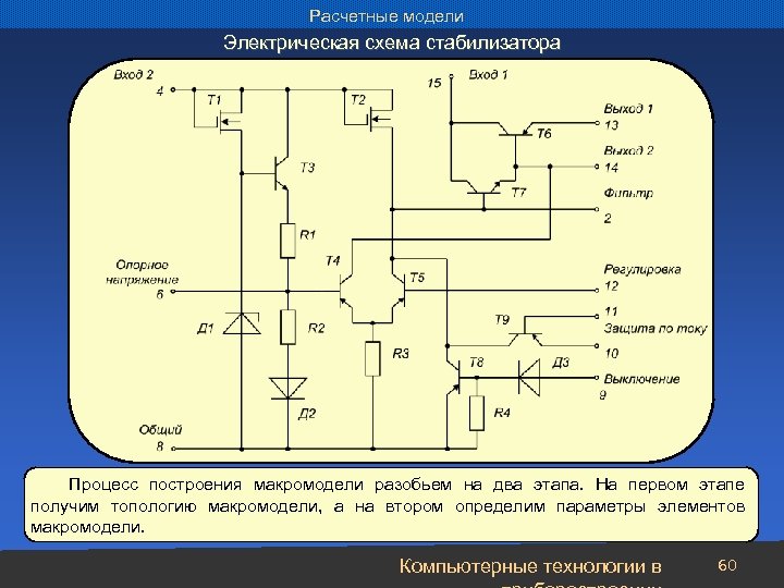 Расчетные модели Электрическая схема стабилизатора Процесс построения макромодели разобьем на два этапа. На первом