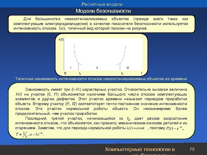 Расчетные модели Модели безотказности Для большинства невосстанавливаемых объектов (прежде всего таких как комплектующие электрорадиоизделия)