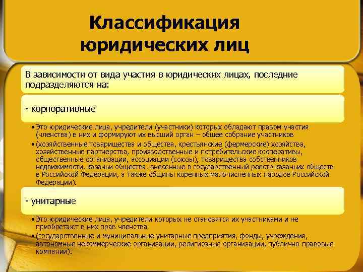 Классификация юридических лиц В зависимости от вида участия в юридических лицах, последние подразделяются на: