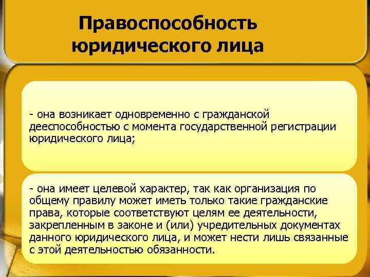 Правоспособность юридического лица - она возникает одновременно с гражданской дееспособностью с момента государственной регистрации