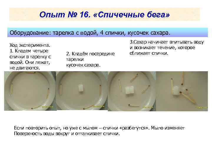 Опыт № 16. «Спичечные бега» Оборудование: тарелка с водой, 4 спички, кусочек сахара. Ход