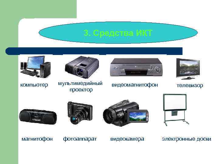3. Средства ИКТ компьютер магнитофон мультимедийный проектор фотоаппарат видеомагнитофон видеокамера телевизор электронные доски 