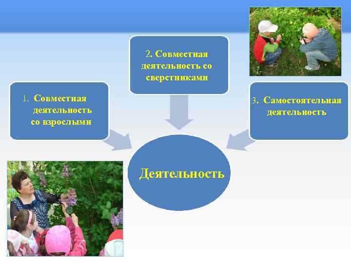 2. Совместная деятельность со сверстниками 1. Совместная 3. Самостоятельная деятельность со взрослыми деятельность Деятельность