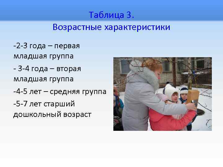 Таблица 3. Возрастные характеристики -2 -3 года – первая младшая группа - 3 -4