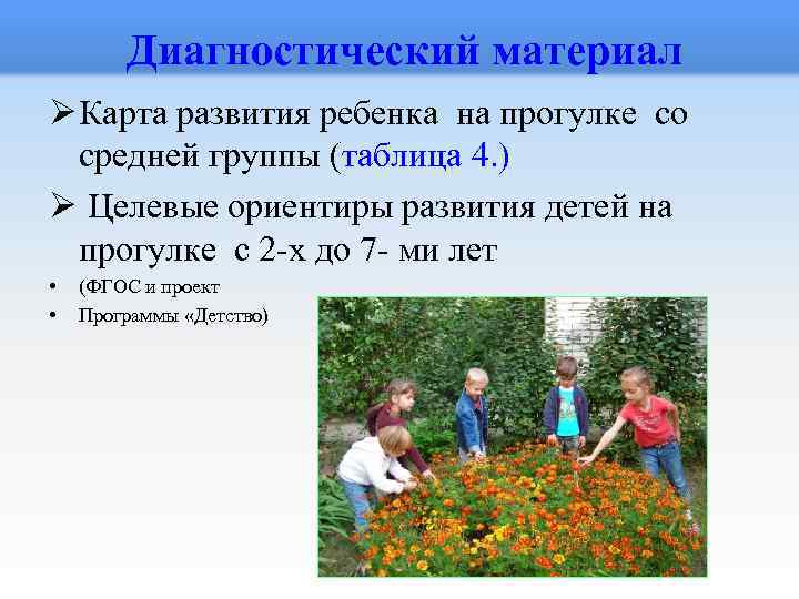  Диагностический материал Ø Карта развития ребенка на прогулке со средней группы (таблица 4.