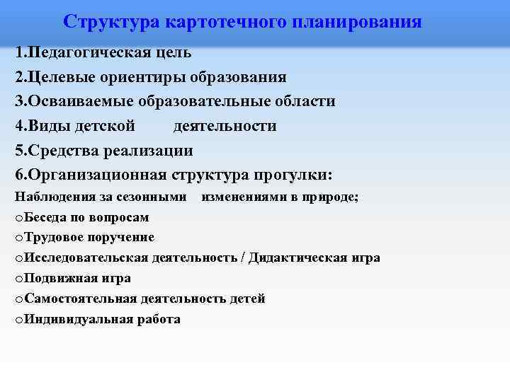 Структура картотечного планирования 1. Педагогическая цель 2. Целевые ориентиры образования 3. Осваиваемые образовательные области