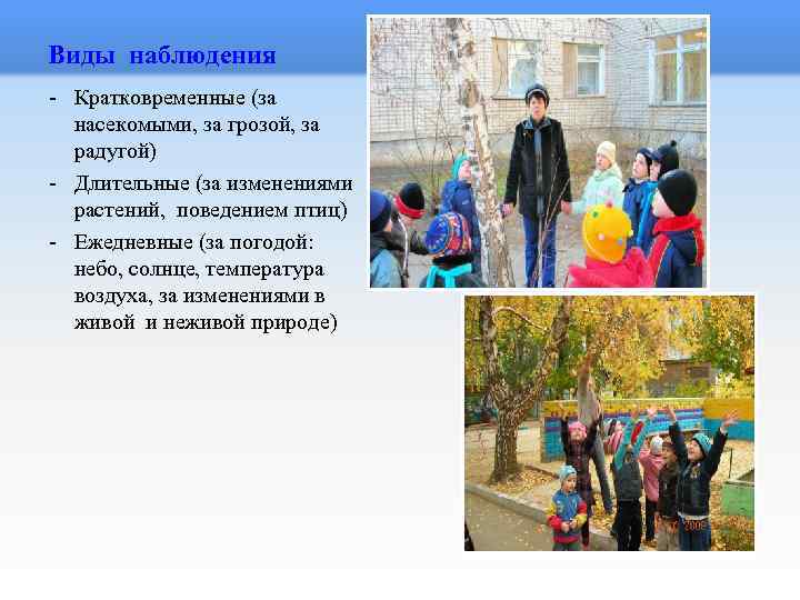 Виды наблюдения - Кратковременные (за насекомыми, за грозой, за радугой) - Длительные (за изменениями