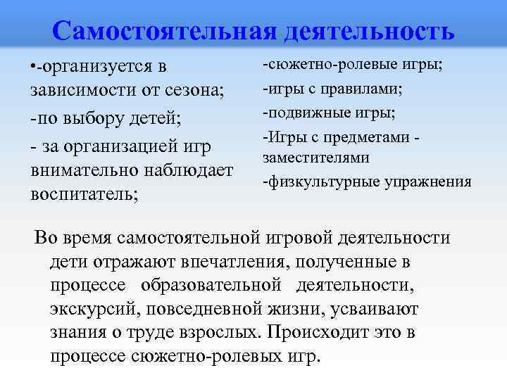 Самостоятельная деятельность • -организуется в зависимости от сезона; -по выбору детей; - за организацией