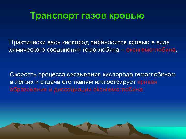 Транспорт газов кровью Практически весь кислород переносится кровью в виде химического соединения гемоглобина –