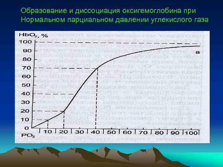 Образование и диссоциация оксигемоглобина при Нормальном парциальном давлении углекислого газа 